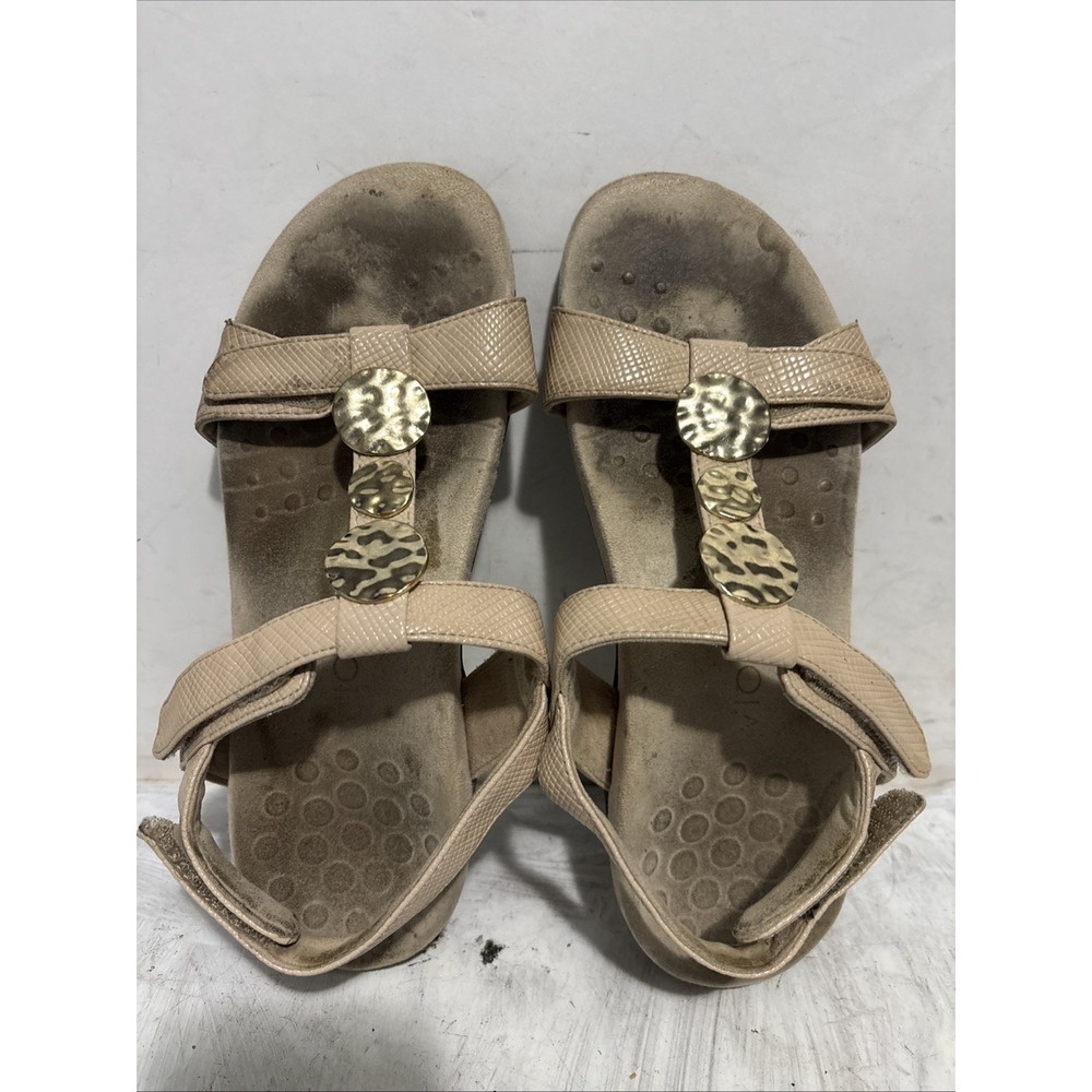 Vionic Farra Sandal Womens 8 Gold Cork Lizard Metallic Disks Strappy Sandal